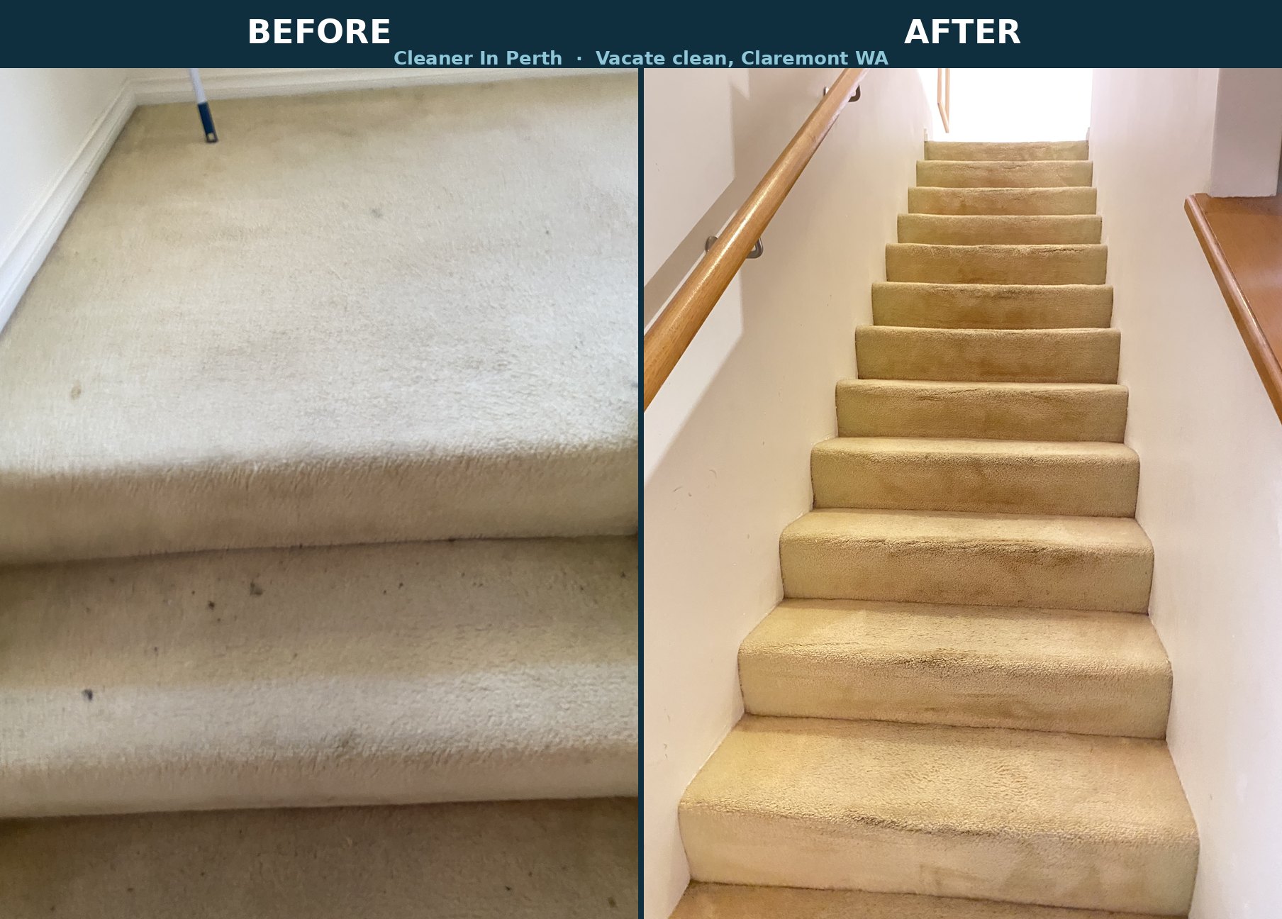 Before and after carpet cleaning on a staircase during a vacate clean in Claremont, Perth